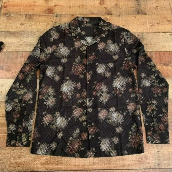 ASOS regular shirt with deep revere button up sheer floral black white pink - M - Picture 3 of 8